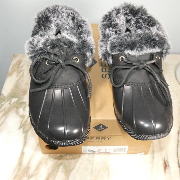 Sperry Faux Fur Saltwater 1-Eye Rain Boot, Black/Black, Duckboot Shoe 8 - Picture 6 of 10